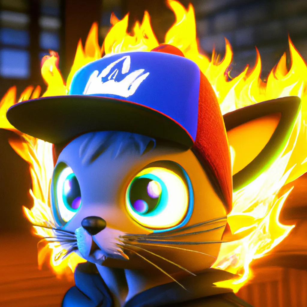 Prompt: A cool Anime character, half cat half pikachu with blue eyes wearing a beanie, on fire at a concert hall, a character portrait by Andrei Kolkoutine, Artstation, sots art, 3d game art, quantum wavetracing, dark and mysterious