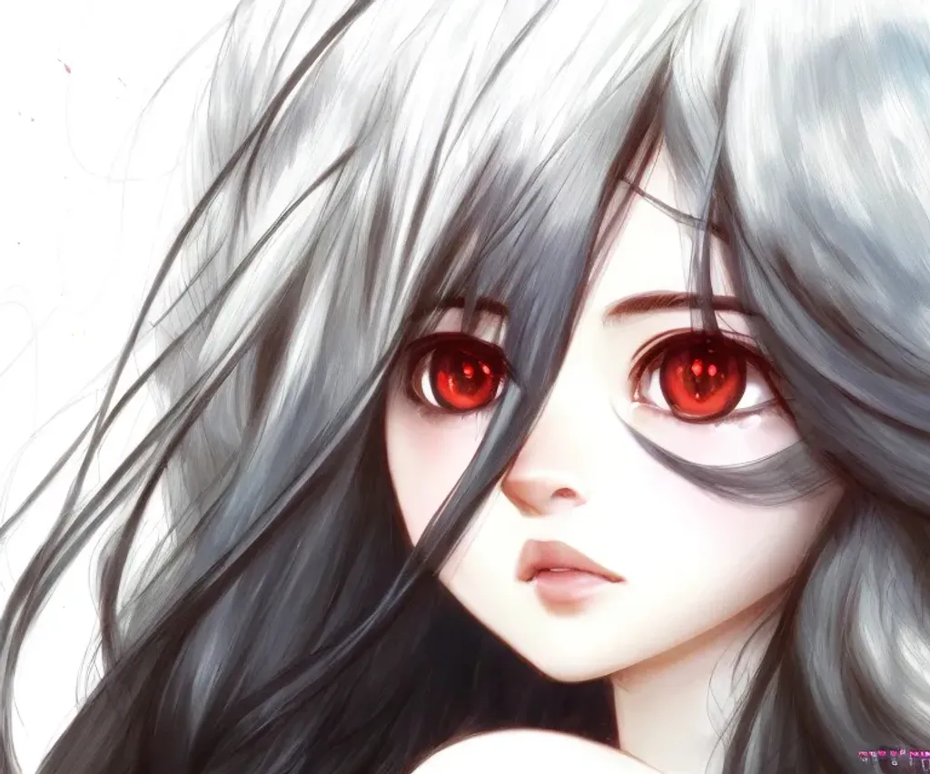 Prompt: colorize skin, hand in the cheek, force black hair, red color eyes, Closeup face portrait of a girl, smooth soft skin, big dreamy eyes, beautiful intricate colored hair, symmetrical, anime wide eyes, soft lighting, detailed face, by makoto shinkai, stanley artgerm lau, wlop, rossdraws, concept art, digital painting