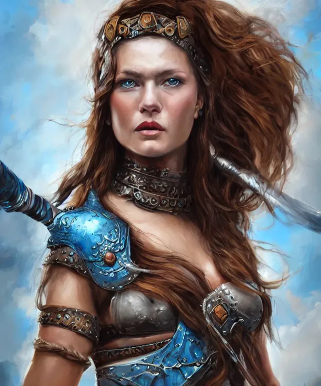 Prompt: Wide-Angle shot of a portrait of barbarian queen with long brown hair with sky blue eyes, high detail, texture, realistic, hyper-realistic, photorealistic, 4 k, centered, symmetry, painted, intricate, volumetric lighting, beautiful, rich deep colors masterpiece, sharp focus, ultra detailed, digital render, digital painting, trending on artstation, centered, symmetry, painted, intricate, volumetric lighting, beautiful, rich deep colors masterpiece, sharp focus, ultra detailed, in the style of Boris Vallejo and greg rutkowski