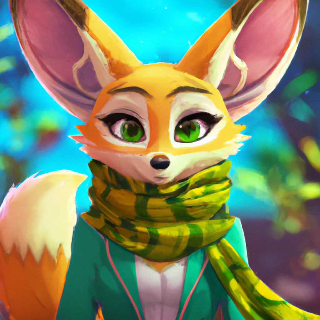 Prompt: key visual of a cute natural tan fur female fennec fox fursona with big long ears and long straight hair on top of their head, wearing a green scarf over her chest, cinematic advanced lighting, 4k wallpaper, sharp image, highest quality image, trending on pixiv, trending on furaffinity, 1px lines, [incredibly detailed seamless artwork without flaws] [extremely consistent] professional fanart, 85mm Sigma Art lens, full face frames