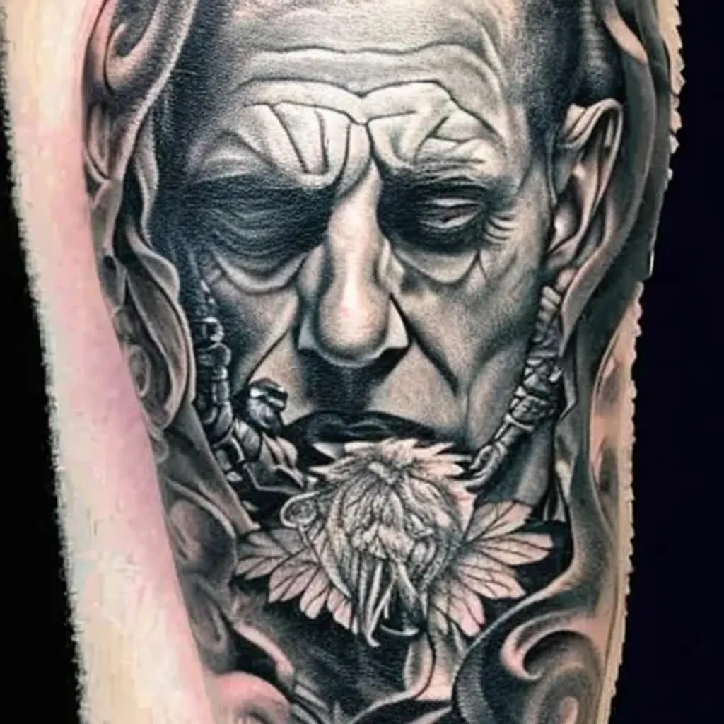 Prompt: Cannabis religion founder , time traveler , alex , by paul booth , black and grey tattoo , 

