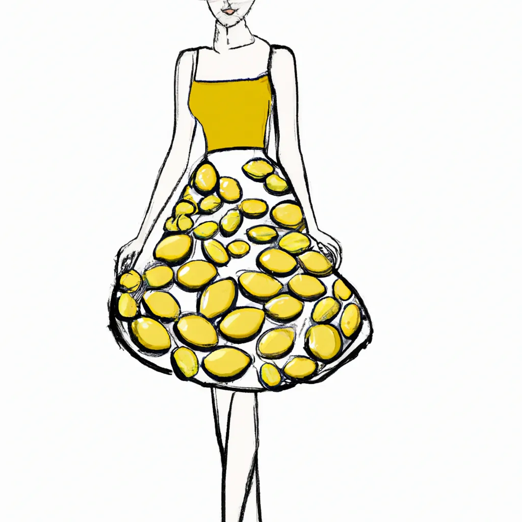 Prompt: attractive cute woman wearing a lemon themed dress, dress made out of sliced lemons, detailed proffesional fashion sketch