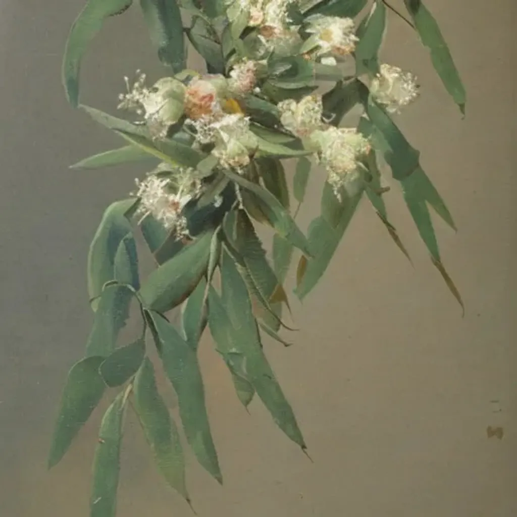 Prompt: An oil painting of eucalyptus blossoms. By [Henry Turner|Ethel Carrick fox]