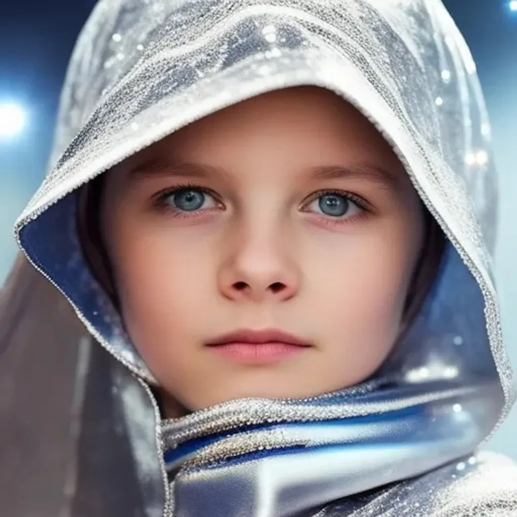 Prompt: two cute beautiful {russian} child girl from another civilization and race, dressed in transparent silver clothing with  geometric symbols standing on the spaceship, Multidimensional reality, parallel worlds, {deep blue eyes with ultra details}, {deep blue eyes with light reflections}, {{{ultra high blue eyes render details}}}, {{{modest shy smile}}}, ultra-realistic soft lighting, {smooth soft skin}, sharp eyes, beautiful intricate {white hair}, natural color of lips, symmetrical face, anime wide blue eyes, soft lighting, cute smile, {eyes with reflection}, bright soft light from the behind, {5 fingers with ultra high details and render quality}