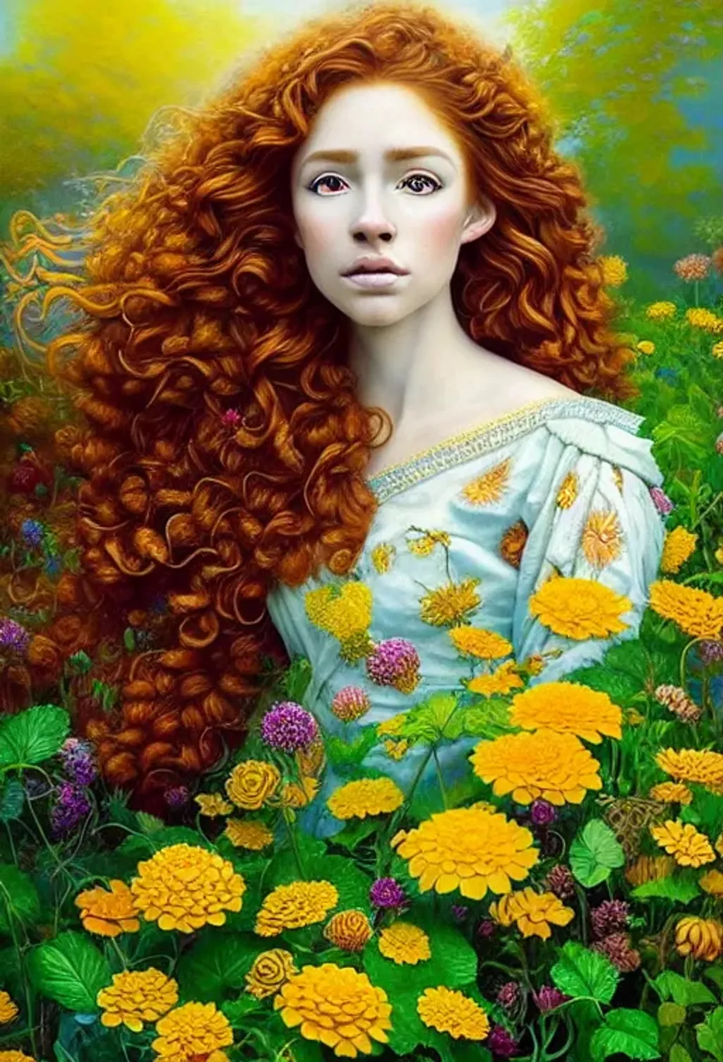 Prompt: Epic fantasy painting, high detailed portrait, beautiful woman with curly auburn hair, perfect nose, pale pristine complexion, in a  sunny flower garden, Artgerm, background theme intricate geometrics, triadic colors , symmetry, painted, beautiful, rich deep colors, dynamic lighting ,volumetric lighting , occlusion, low volumetric glowing fog, sharp focus, studio photo, 128K 7HD Unreal Engine 5, fractal,  pi, fBm