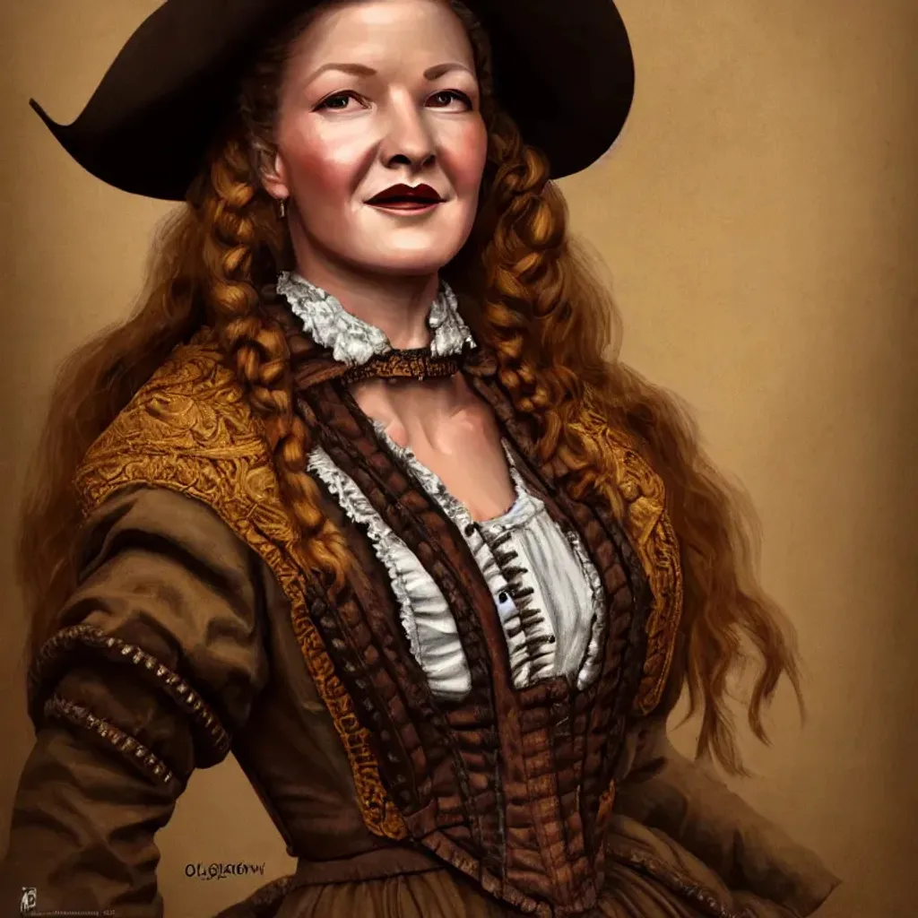 Prompt: highest quality portrait of Dale Evans dressed as a rugged 17th century woman in a jacket, victorian, detailed face, fantasy, close up face, highly detailed, cinematic lighting, digital art painting by Olga Skomorokhova, ultra sharp, smooth sharp focus, artstation hq, behance hd, trending on artforum, on display