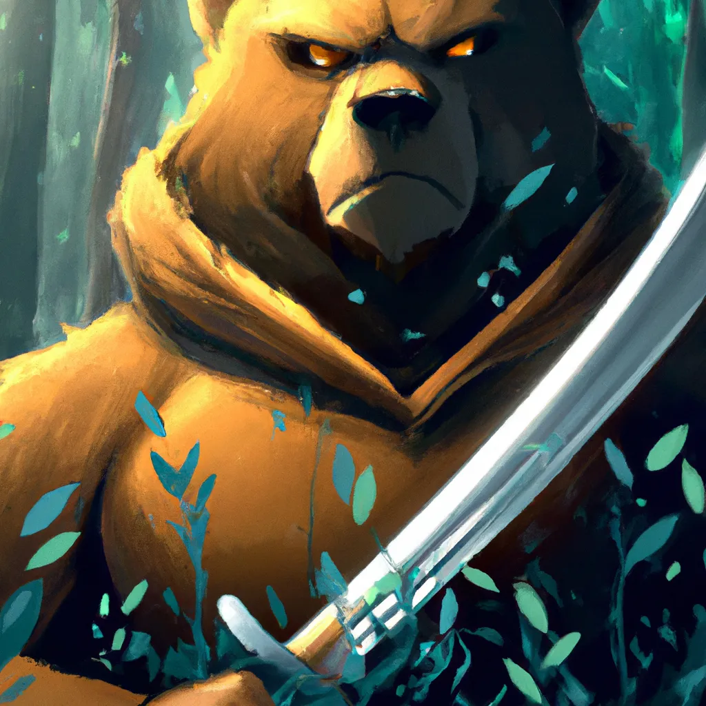 Prompt: grizzly bear animal holding a sword, digital Art, forest background, perfect composition, beautiful, trending on pixiv, 8 k concept art, cinematic, soft lighting, anime visual, official media, spy x family, call-shaded. detailed, detailed face, disney