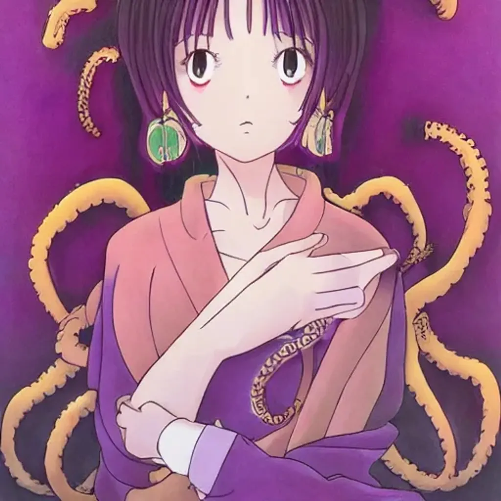 Prompt: Anime Cute elegant Japanese purple Octopus lady, portrait, peaceful, art by studio ghibli, vivid colors, highly detailed, professional, trending on artstation