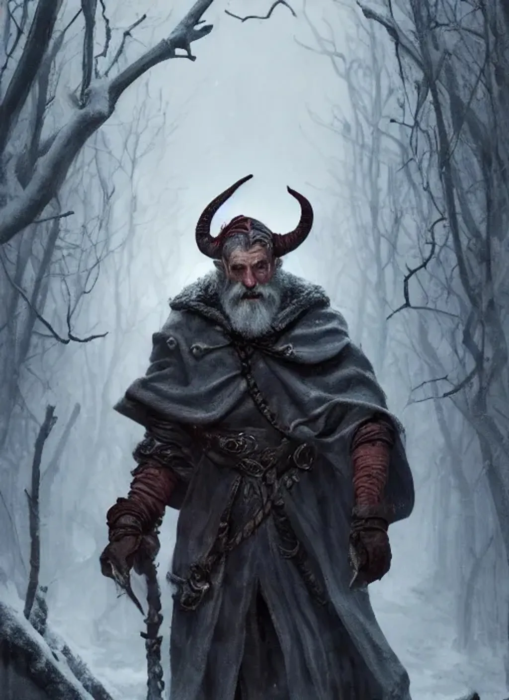 Prompt: Old tiefling Olgierd von Everec with batwings on his back, grey hair and with scarred face, dark snowy woods, perfect composition, hyperrealistic, super detailed, 8k, high quality, trending art, trending on artstation, sharp focus, studio photo, intricate details, highly detailed, by greg rutkowski