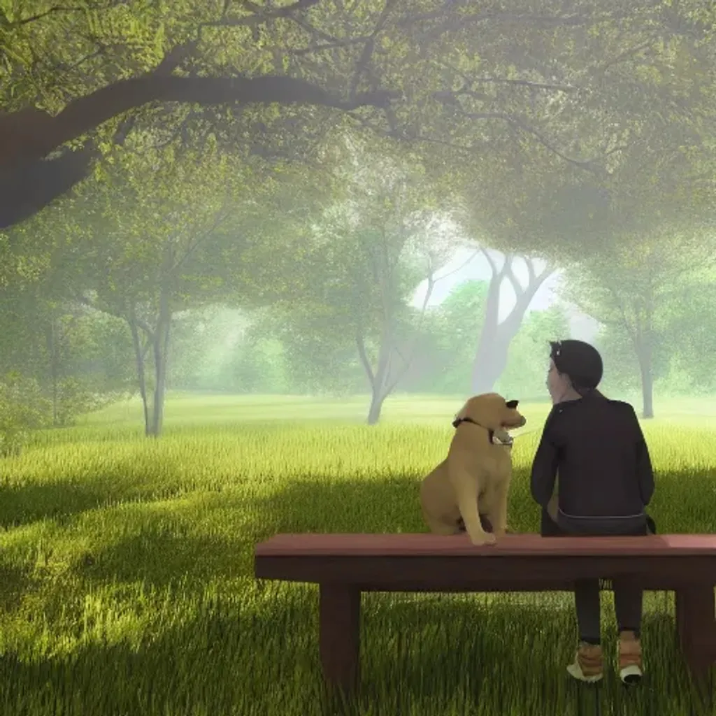 Prompt: guy and a dog sitting on a bench in a sunny forest in the metaverse