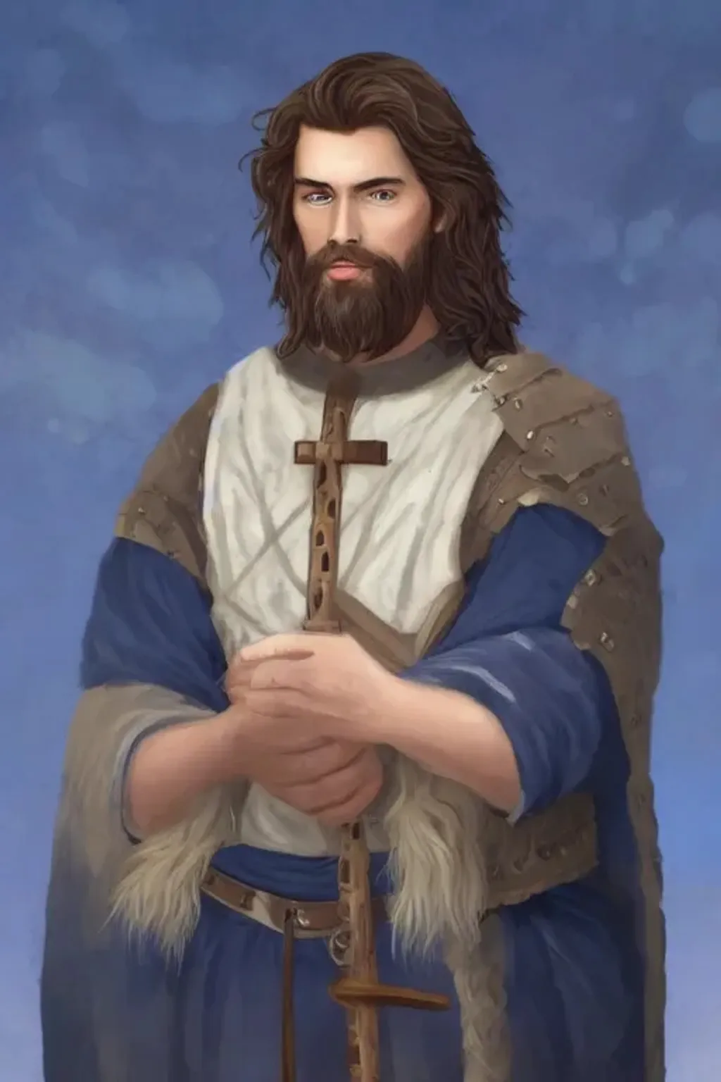 Prompt: handsome, brown and wavy haired, blue-eyed, caucasian male, elongated and sharp-featured face, minor facial hair, with medieval chainmail, and his hands aren't holding onto anything