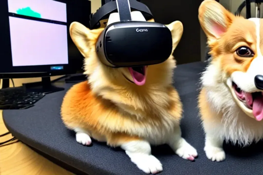 Prompt: corgi, vr, playing monkey game