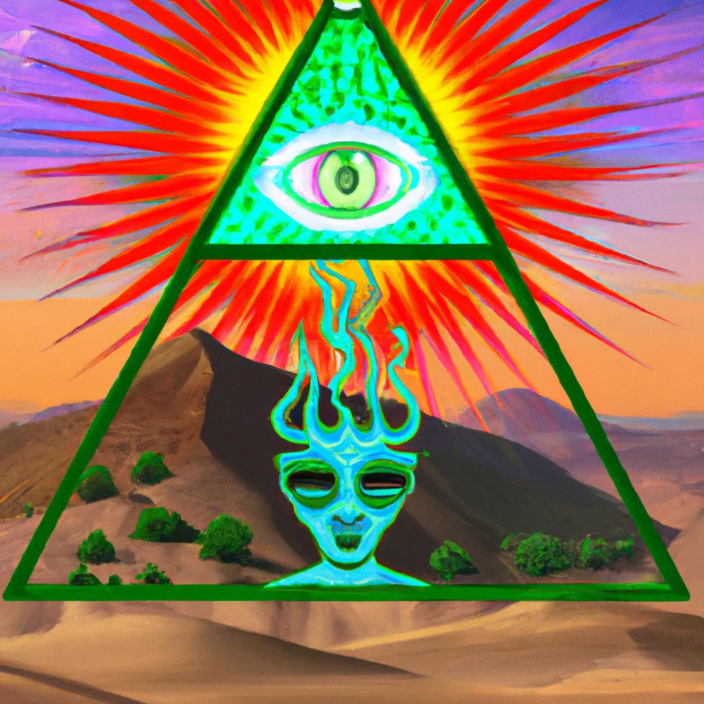 Prompt: third eye illuminati peyote cactus sun desert illustration acid trip poster cgi