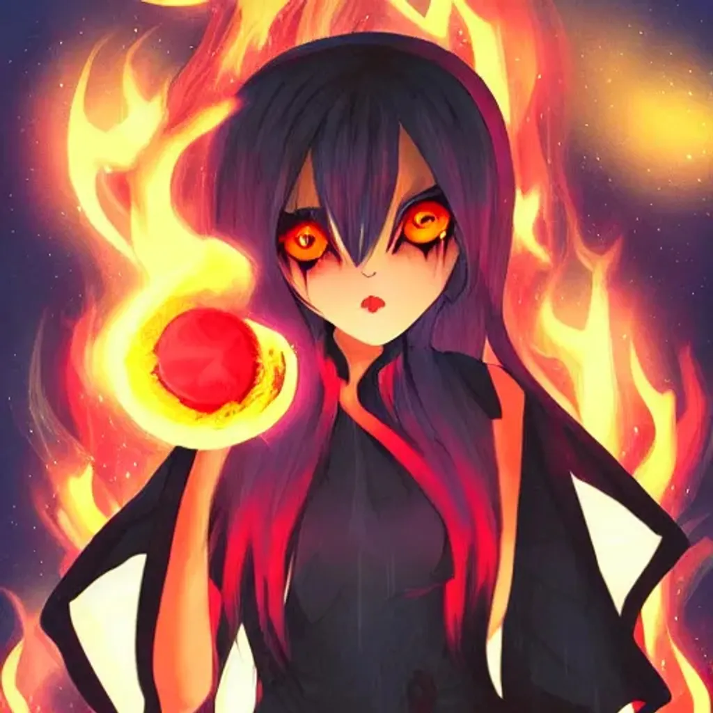 Prompt: Cute Evil Black Witch Anime Red Eye Girl with Fire