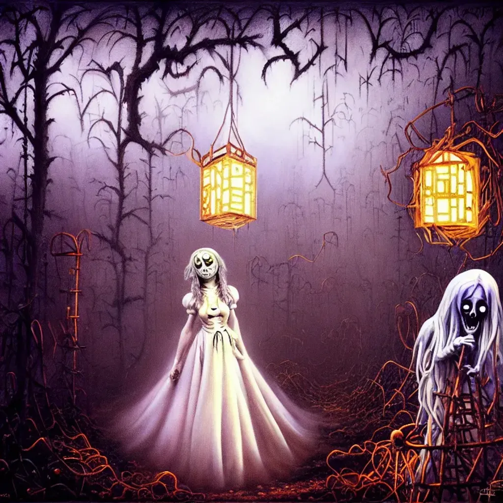 Prompt: An expressive surrealism oil painting of a ghost in a cosplay costume lost in a maze. 
spooky, foggy atmosphere. Scary. Haunted. Bokeh. Concept art. Highly detailed, expressive surrealistic oilpainting, colorful, digital art, digital airbrush, 8K.  Clear Detailed sharp Cartoon anime manga cover by Anna Dittmann, tim Burton, Gil Elvgren, Tom Bagshaw, Elsa Beskow, Hayao Miyazaki.