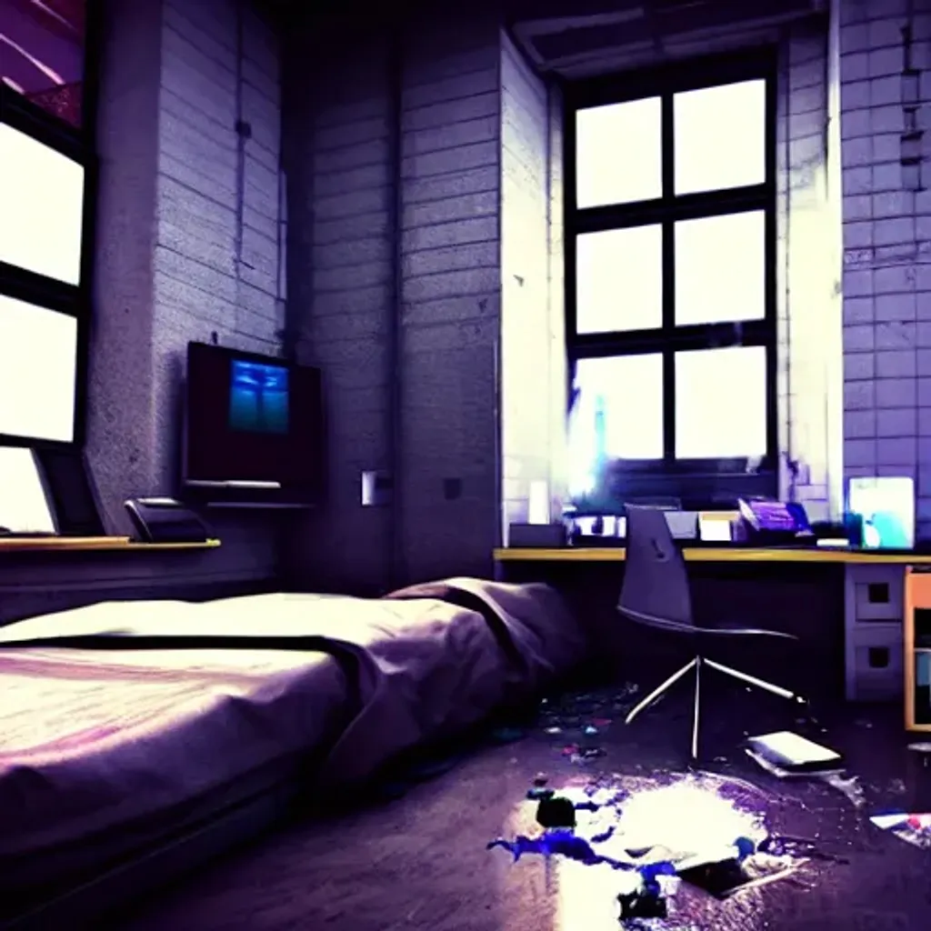 Prompt: cyberpunk room, messy bed, computer in corner, city outside