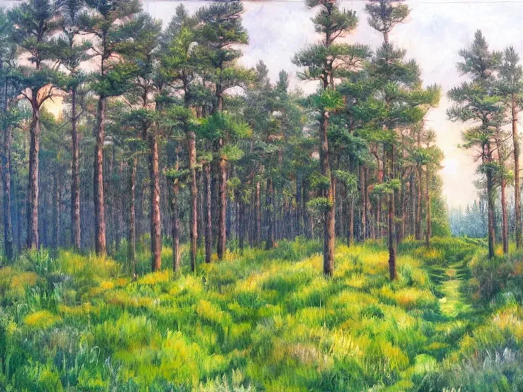 Prompt: Pine forest with paths at cloudy morning, highly detailed oil painting