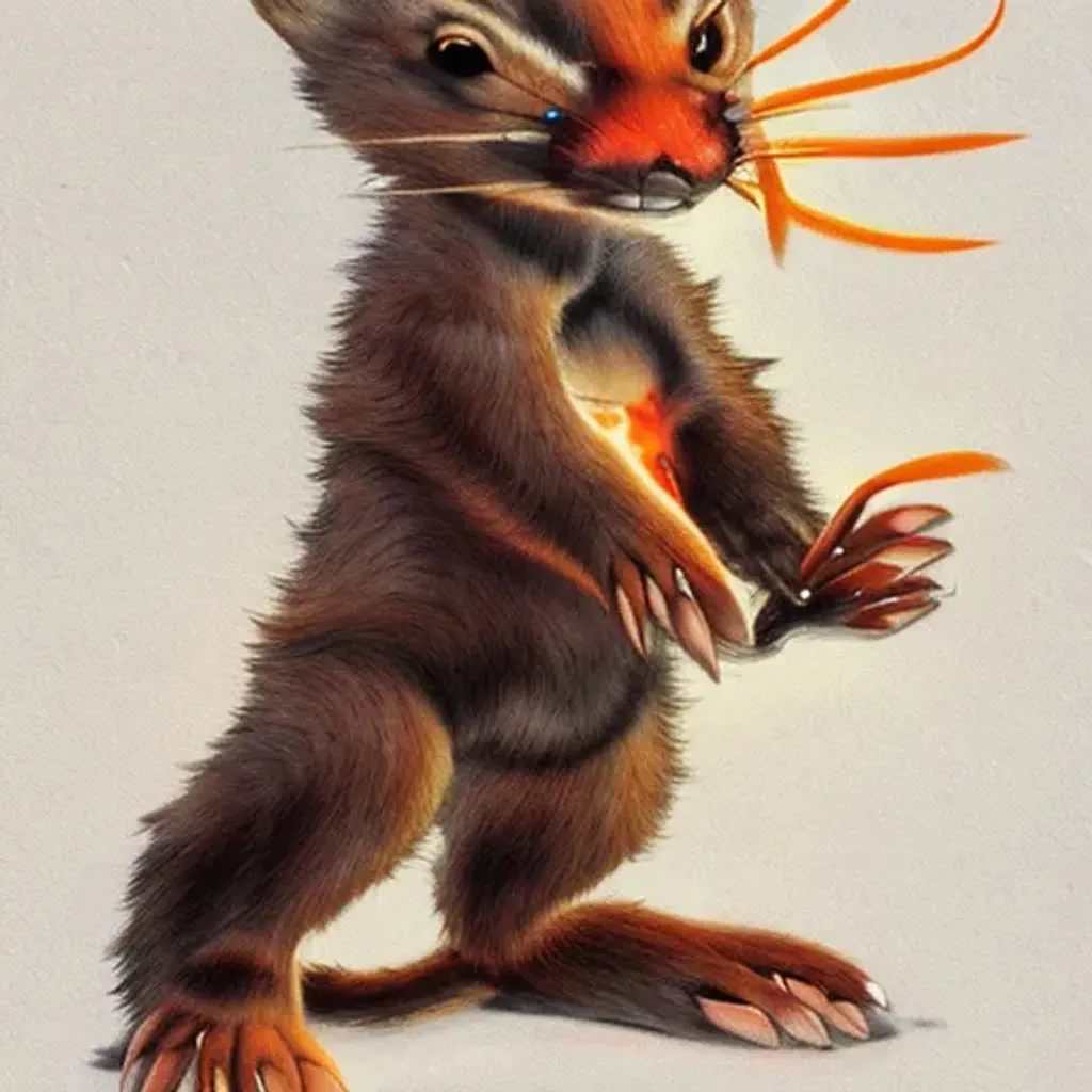 Prompt: Weasel Small Critter, Human Boy, Humanoid Weasel, Brown_Fur, Orange_Eyes, Long-Razor Sharp Claws, Anatomically Correct. Clinically Insane. War Battered Vermin. HyperRealistic Anime/Cartoon, 