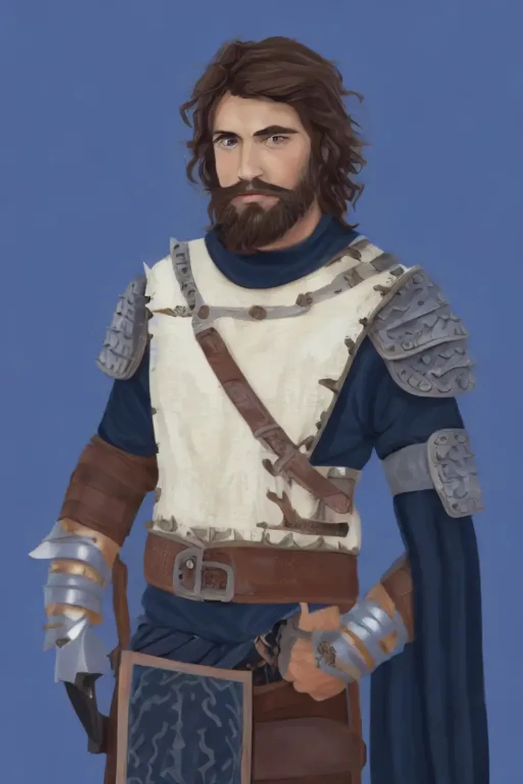 Prompt: handsome, brown and wavy haired, blue-eyed, caucasian male, elongated and sharp-featured face, minor facial hair, with medieval iron-linked chainmail underneath plate armor, and his hands aren't holding onto anything