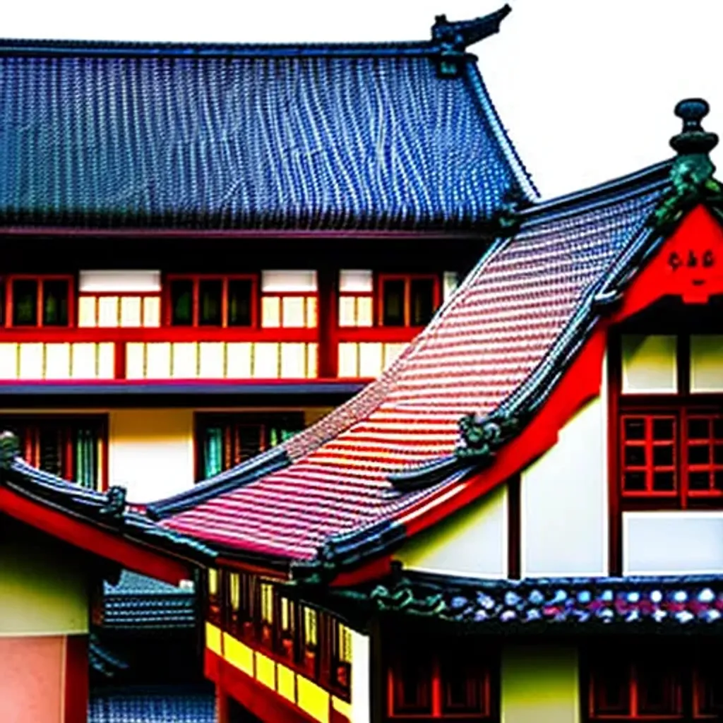 Prompt: A blend of German and Chinese architecture, tiled roofs, German roof, timber frame construction, photograph, broad light, cinematic lighting, rich lighting, vivid colors, highly detailed