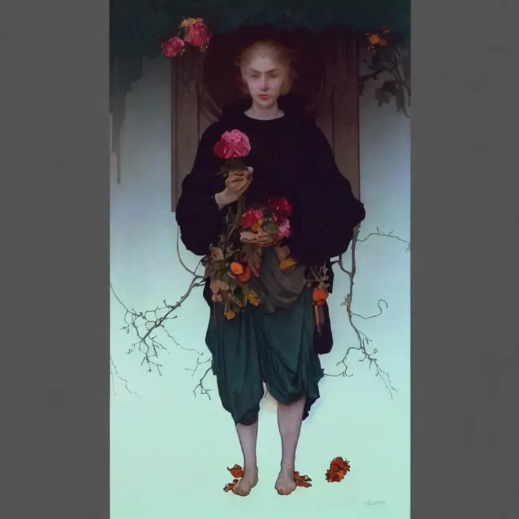 Prompt: a girl standing spilling the wine on the floor, white hair, yellow eyes, strong jawline, pale skin, freckles, flowers, detailed face, dark atmosphere, castle, ruined buildings, attractive, HDRI, masterpiece, smooth, sharp focus, illustration, golden ratio,  dark robes, roses, garden, art by Alan Lee Albrecht Durer alphonse mucha klimt