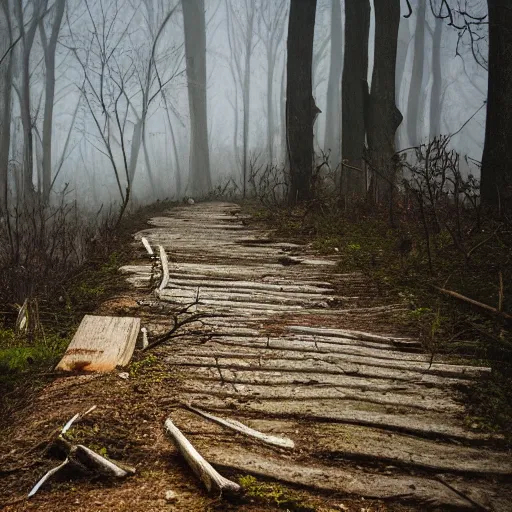 Stone Path Through Forest, Dead Trees, Broken Fence, 