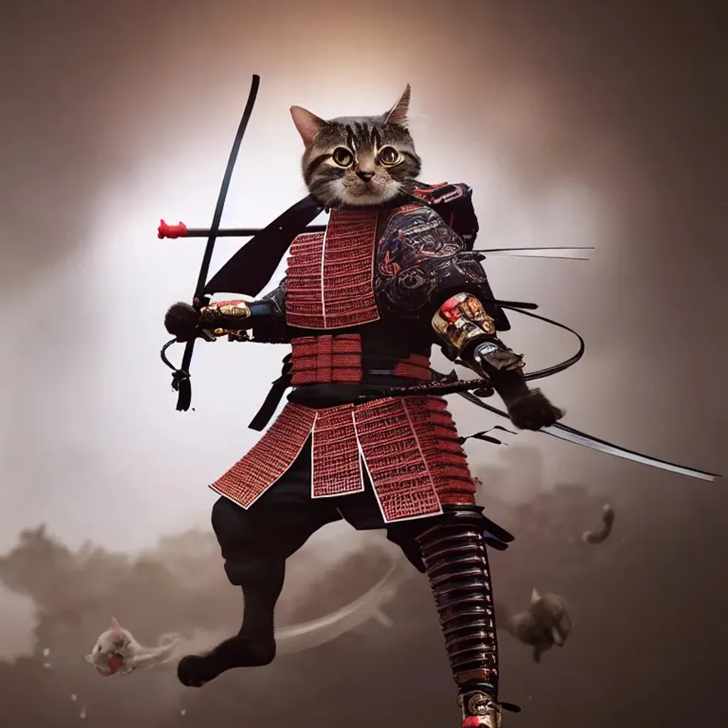 Prompt: A cat in full samurai regalia stand up on his back legs hypersonic, 8k, stunning quality, octane render, trending on artstation, sharp focus, studio photo, intricate details, highly detailed, by greg rutkowski andMicheal Whelan and Julie Bell