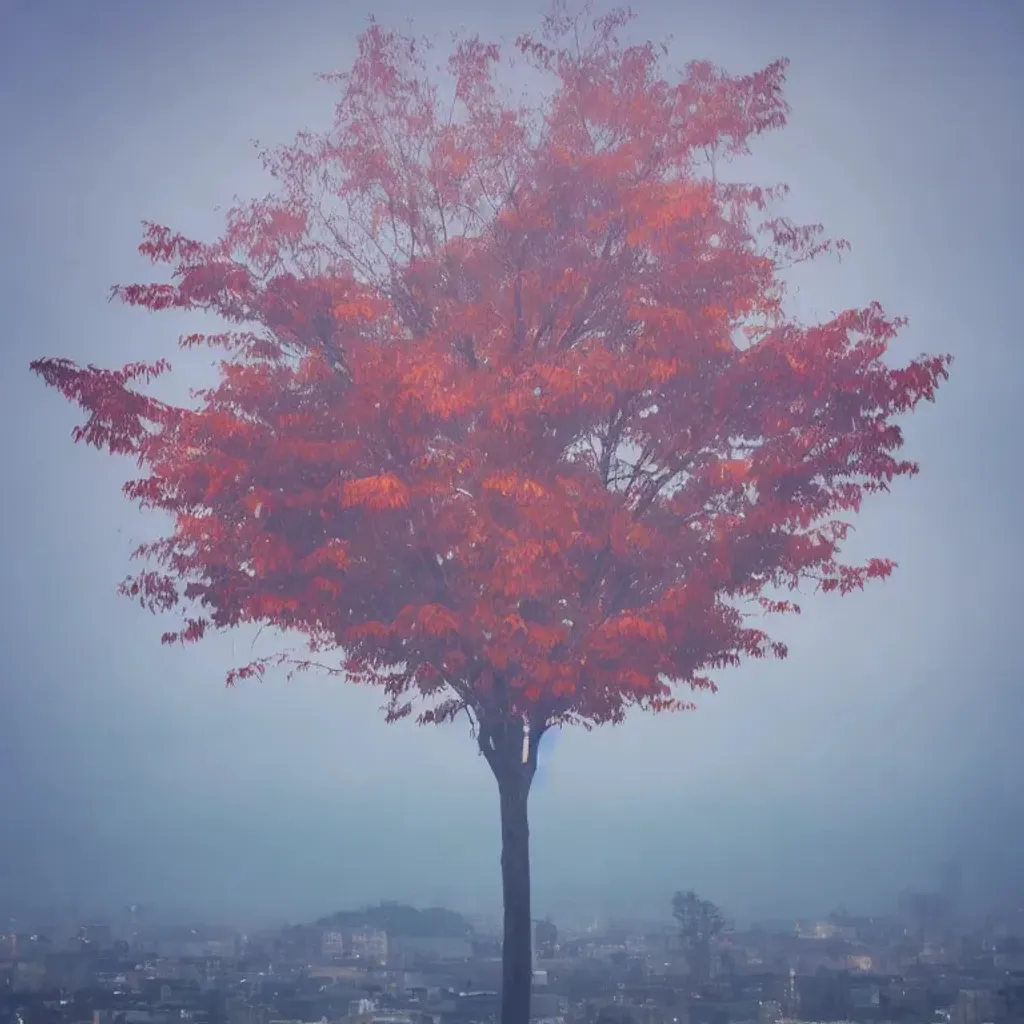 Prompt: hills covered in trees with autumn colors, soft light, at night with city in the distance