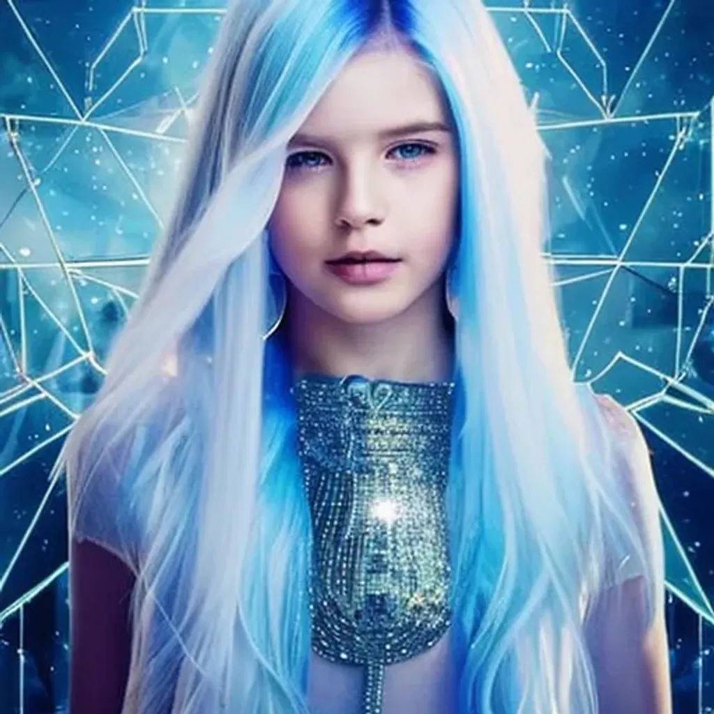 Prompt: cute beautiful {russian} child girl from another civilization and race, dressed in beautiful soft transparent silver clothing with geometric symbols, standing on the spaceship, Multidimensional reality, parallel world, closeup portrait with soft light bokeh, , beautiful intricate {white and soft blue hair}, natural color of lips, symmetrical face, anime wide blue eyes, soft lighting, {deep blue eyes with ultra details}, {deep blue eyes with light reflections}, {{{ultra high blue eyes render details}}}, ultra-realistic soft lighting, {smooth soft skin}, sharp eyes, cute smile, {eyes with reflection}, bright soft light from the behind, {5 fingers with ultra high details and render quality}