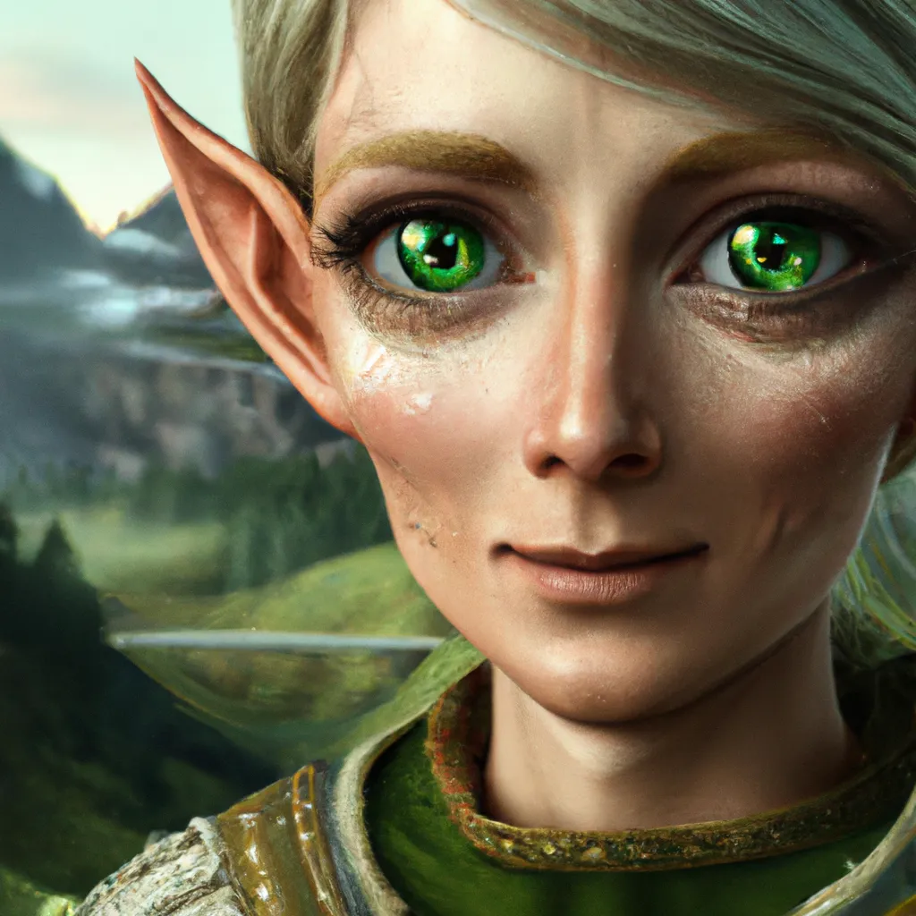 Prompt: Full face portrait of wood elf, large green eyes, moutain background, deep colors, perfect composition, hyperrealistic, hyperdetailed, 32k, high quality, trending art, trending on artstation, sharp focus, studio photo, intricate details by greg rutkowski
