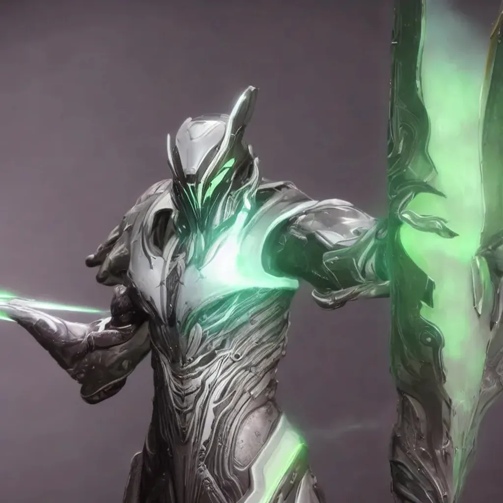 Prompt: a cool stunning warframe god, silver sharp streamlined armor, detailed head, sharp claws, glowing green LED eyes