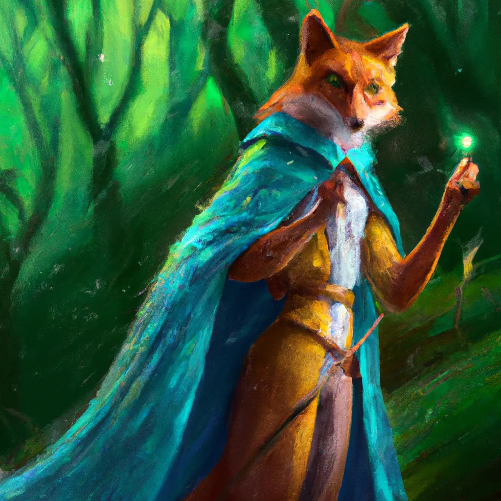 Prompt: Photorealistic fox wearing a green mantel and a red dress, long blue mantel with a wooden luminous  stick in his hand, he has a determinate face, magic forest in the background, intricate, fantasy, elegant, highly detailed, digital painting, artstation, concept art, smooth, sharp focus, illustration