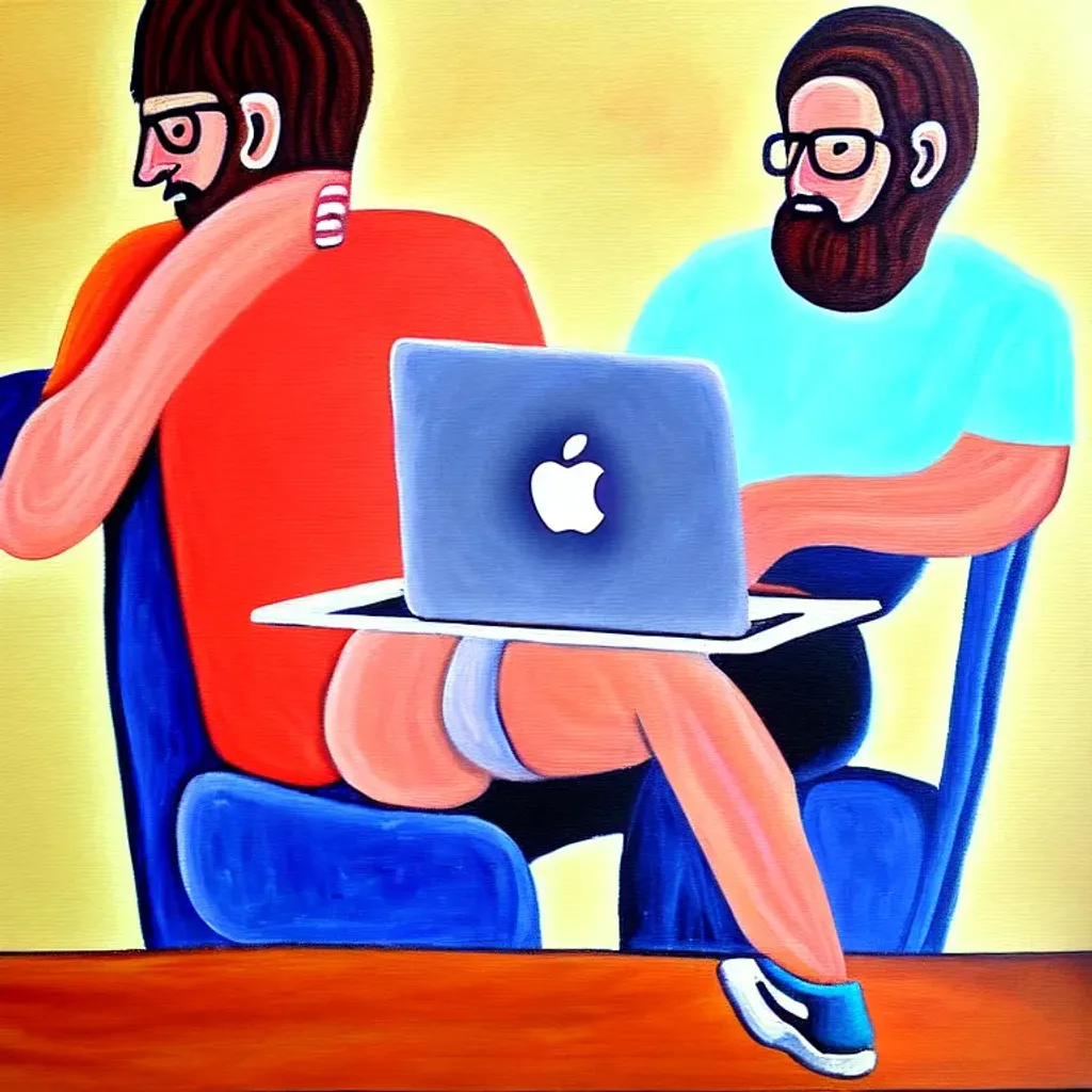 Prompt: a painting in the style of nancy rosen of man in nrl shorts in coffee shop
  working on his macbook 