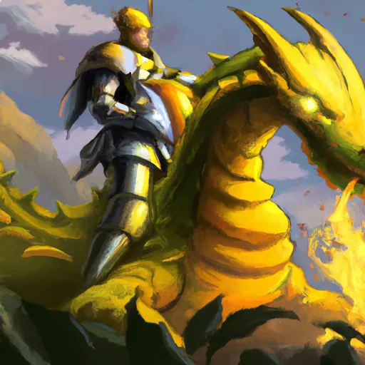 Prompt: A knight wearing lemon armor fighting a large dragon, fantasy digital art