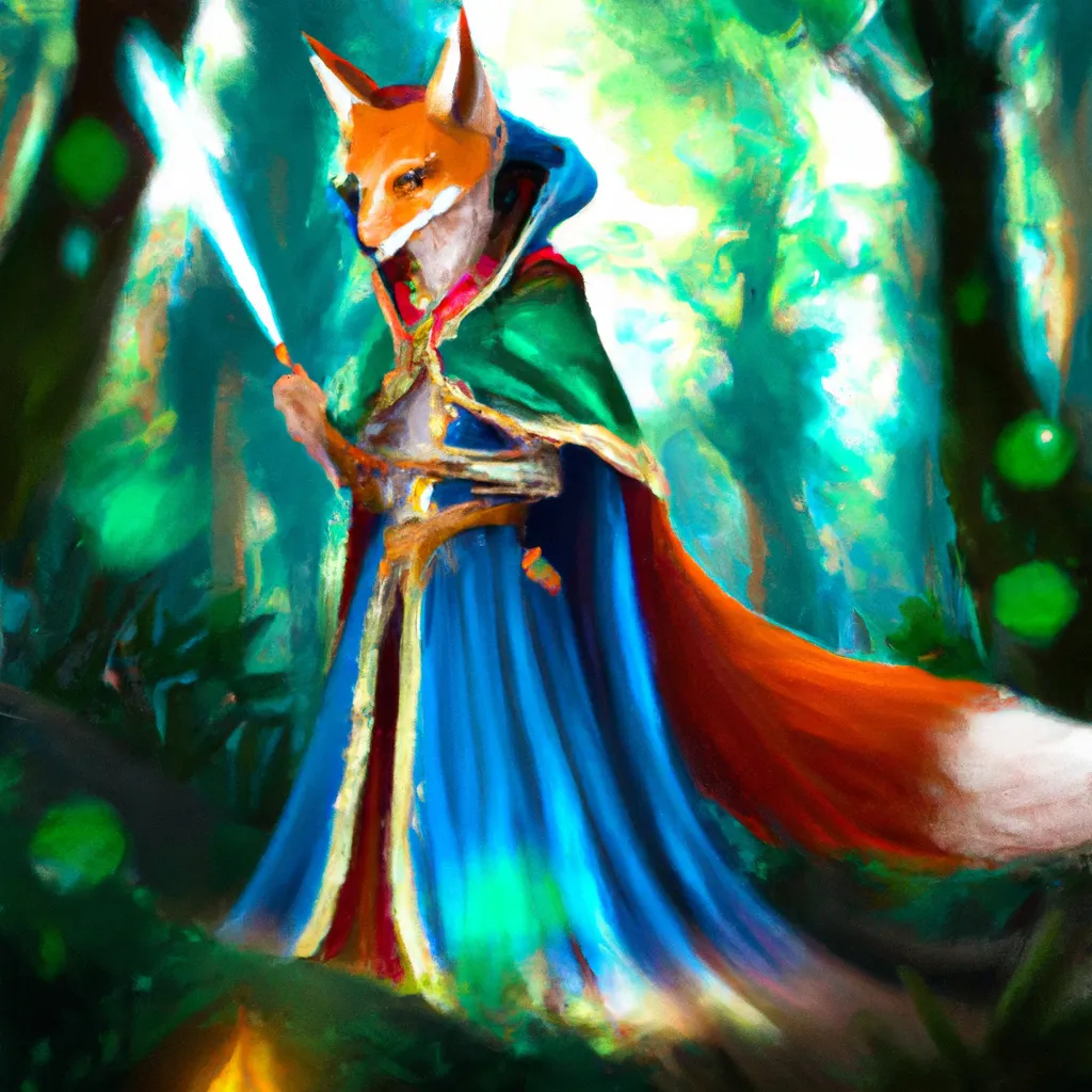 Prompt: fox wearing a green mantel and a red dress, long blue mantel with a wooden luminous  stick in his hand, he has a determinate face, magic forest in the background, intricate, fantasy, concept of zelda, elegant, highly detailed, digital painting, artstation, concept art, smooth, sharp focus, illustration