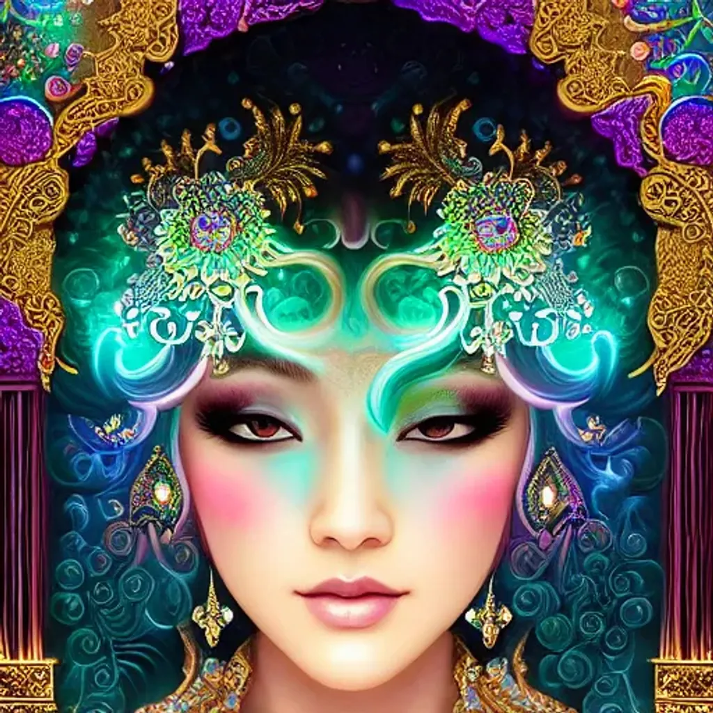 Prompt: Romanticism, 8k, attractive, ethereal, elegant, young, Asian teenager, highly detailed fractal makeup, intricate rainbow piezoluminescence mandelbrot ornate, trending on artstation, intricate details, highly detailed, vibrant, soft colors, muted colors, masterpiece, perfect moment, by Artgerm, Gerhard Richter, Anna Dittmann, Thomas Kinkade