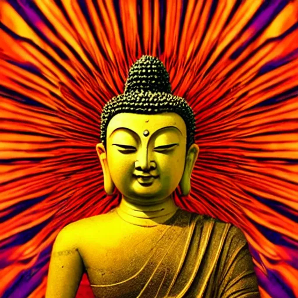 Prompt: vivid orange colors, Buddha on a lotus, beautiful face, fine lines, radiant light, symetric, 