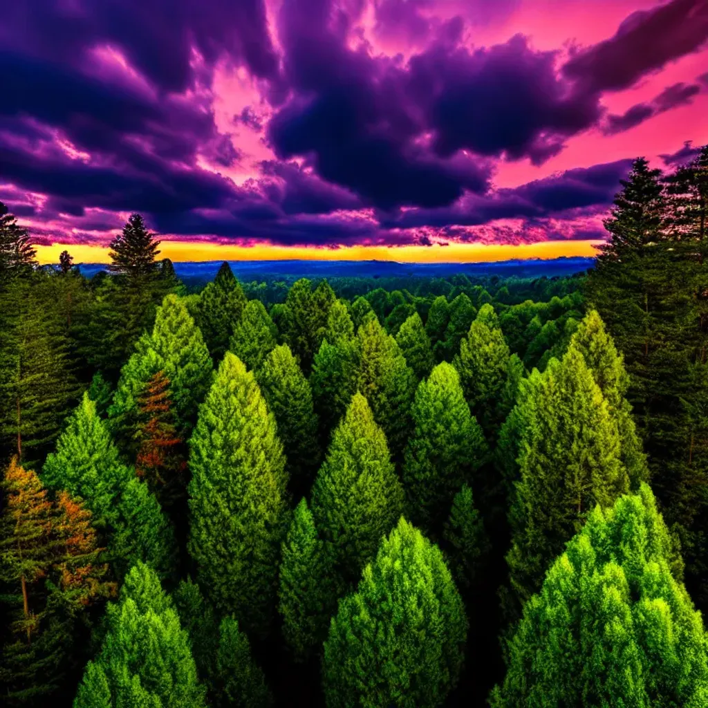 Prompt: long shot scenic professional photograph of treetops in early morning, perfect viewpoint, highly detailed, wide-angle lens, hyper realistic, with dramatic sky, polarizing filter, natural lighting, vivid colors, everything in sharp focus, HDR, UHD, 64K