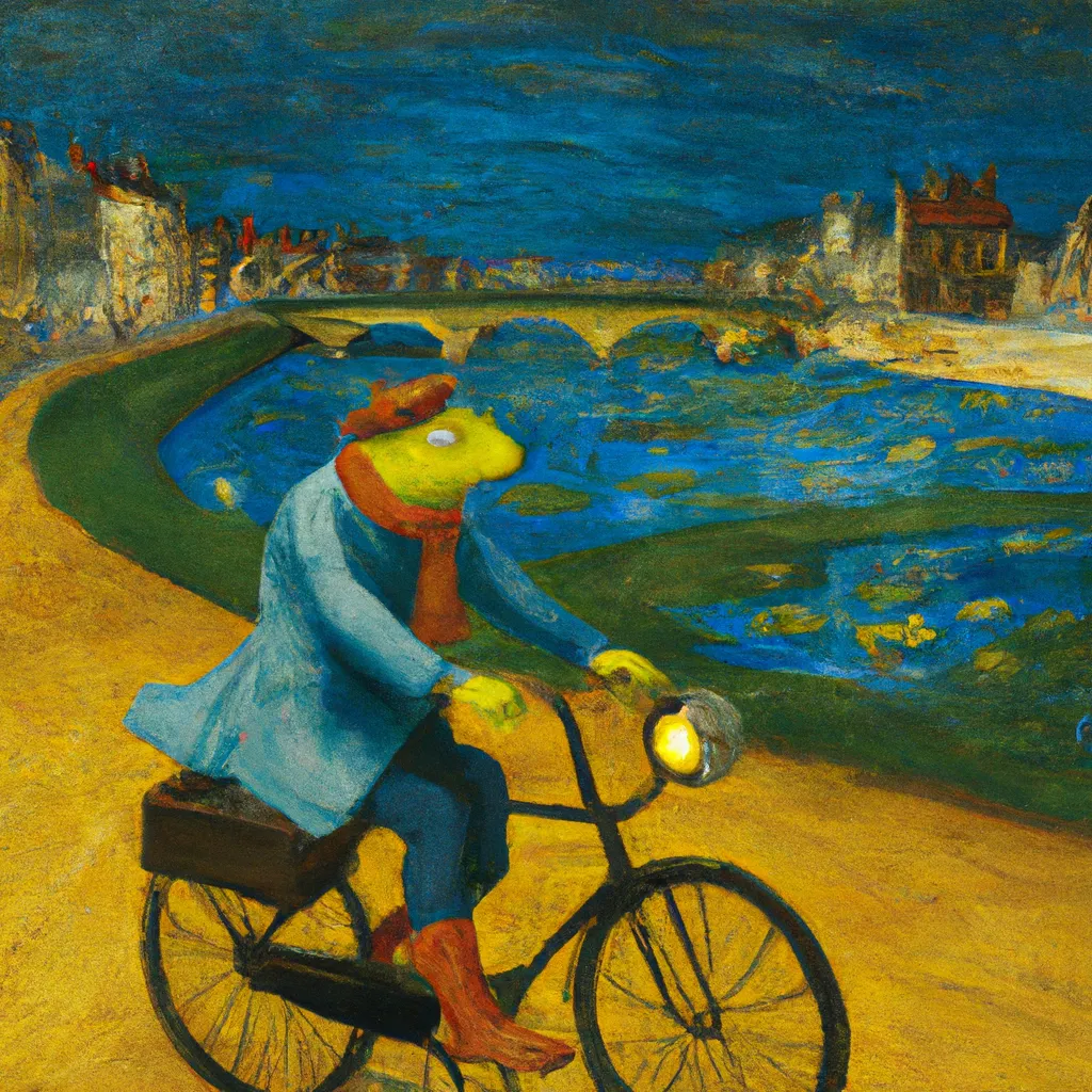 Prompt: 1800s painting of a frog far away riding a bicycle through paris at night, in style of van gogh