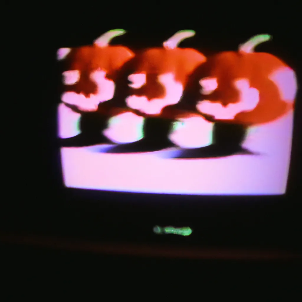 Prompt: A heavily distorted 1993 VHS footage of a group of jack-o-lantern in a American home