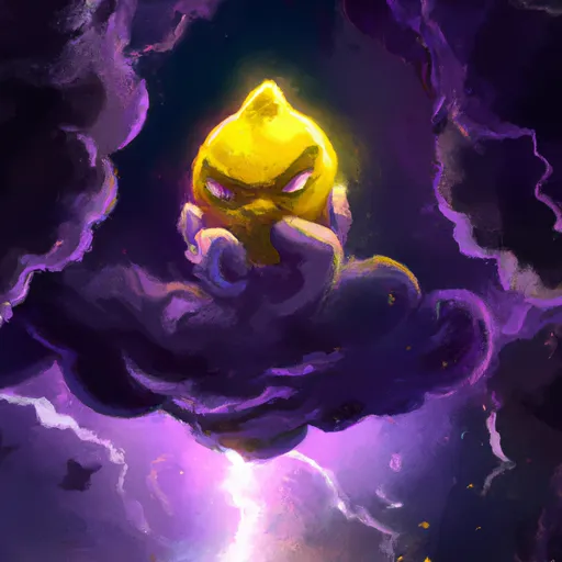 Prompt: A corrupt evil lemon god controlling a purple storm, lightening, evil, cloud, digital art, dramatic lighting, cinematic, hd, artstation, yellow lemon