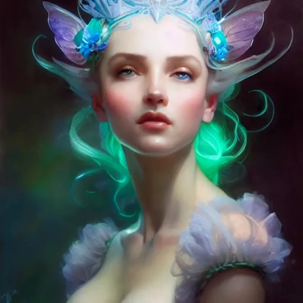 Prompt: fairy queen, beautiful face, delighted, translucent, intricate textures, highly detailed, art station, hyperrealism, 8k, dynamic lighting, dramatic, photo-realistic, Gaston bussiere, craig mullins, j. c. leyendecker, filipe pagliuso, justin gerard, artgerm, cgsociety