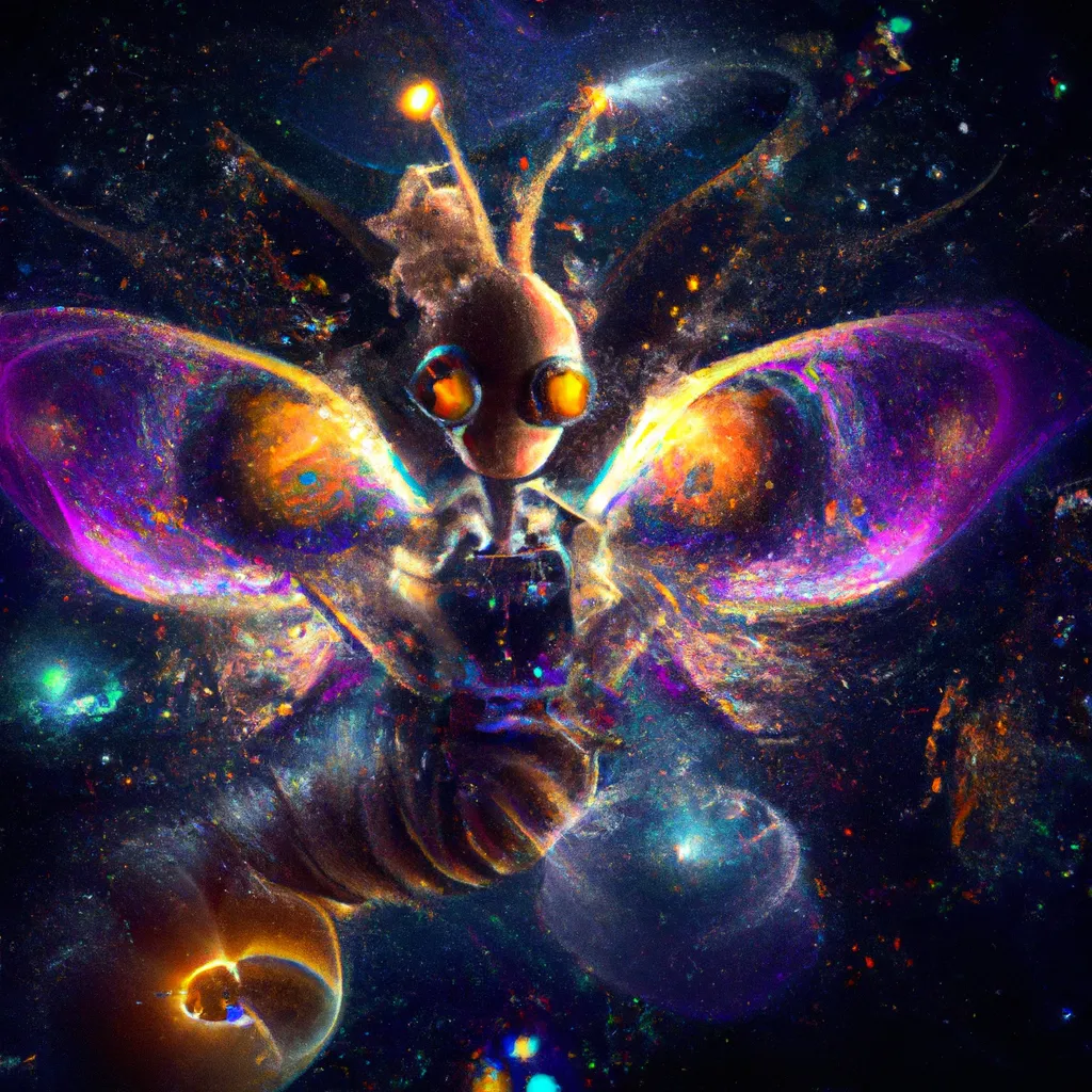 Prompt: Space Bee steampunk, Starry Cloak, Nebula Hair In Endless Void, Astral Currents, Cosmic Waves | 8K, Hdr, Fantasy, Sharp focus, Techno-Pop, Dn, Naoto Hattori