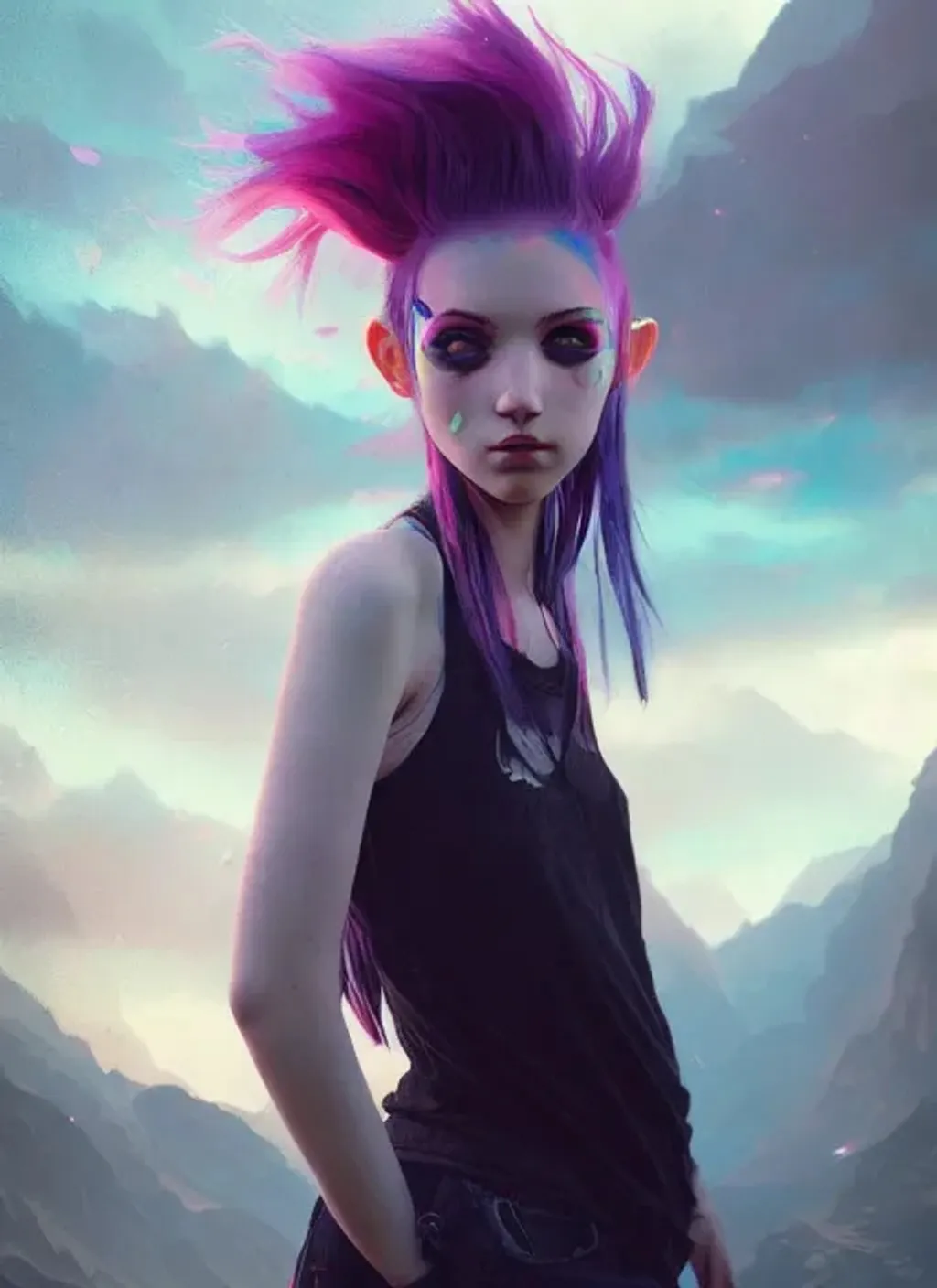 Prompt: emo girl with rainbow hair, cute face, scenic, perfect composition, hyperrealistic, sharp focus, studio photo, hyperdetailed by greg rutkowski