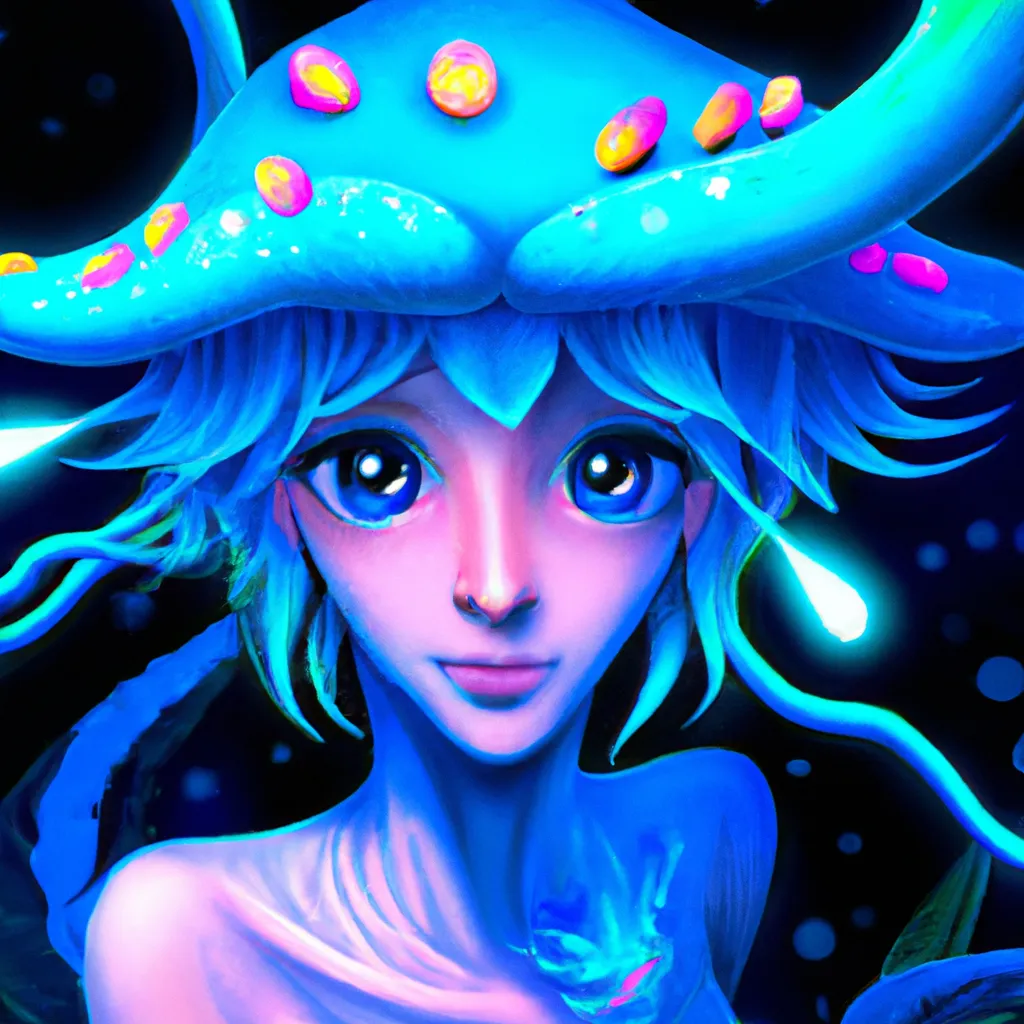 Prompt: Detailed illustration, mermaid with light blue skin, Ears like fish fins, glowing mushroom hat, key visual, character design, character concept, bright lighting, deep sea, coral reef, fish, High detail, fantasy atmosphere, character concept art from a popular video game, animation, pixar, disney, anime, animated