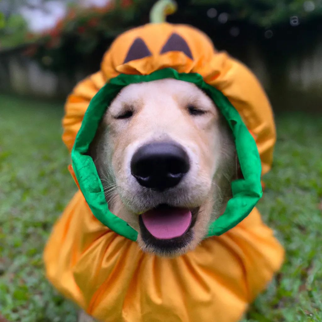 Prompt: A golden retriever wearing a cute pumpkin costume, cute photo