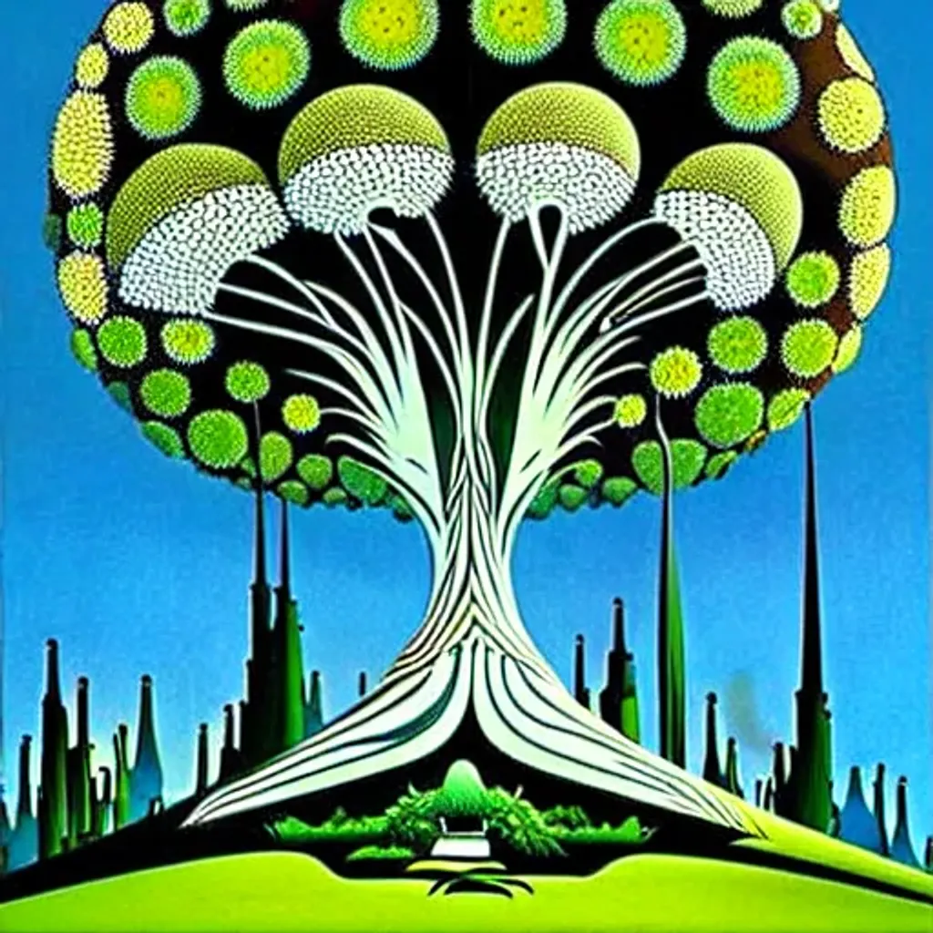 Prompt: House of the euphoria, 
House of the utopia, impressive surrealist painting by Tim Burton and Sho Murase and eyvind earle.  Architecture advertisements. Esthetic Neighborhoods. Floral explosion. Rich fauna. Organic biopunk. Dystopian wasteland.