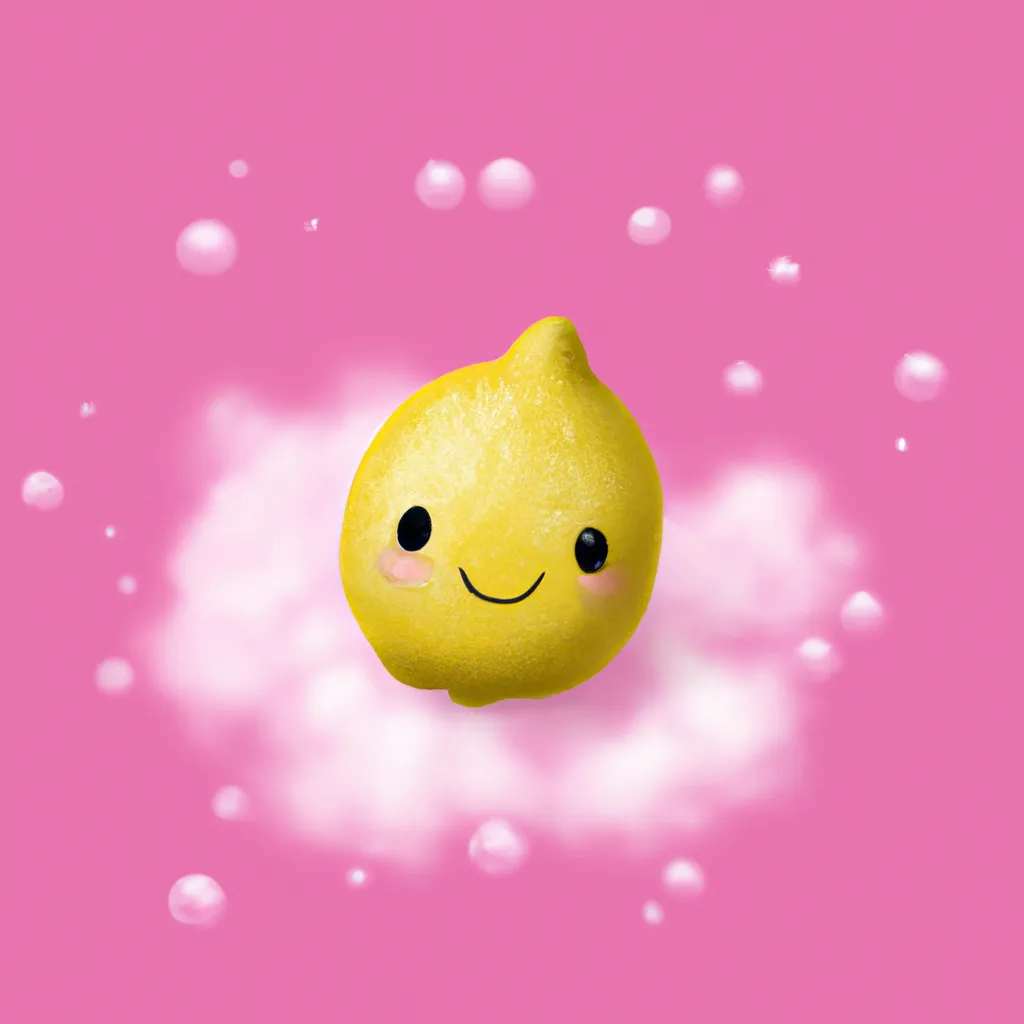 Prompt: A cute lemon smiling sat on bubbly pink clouds high resolution