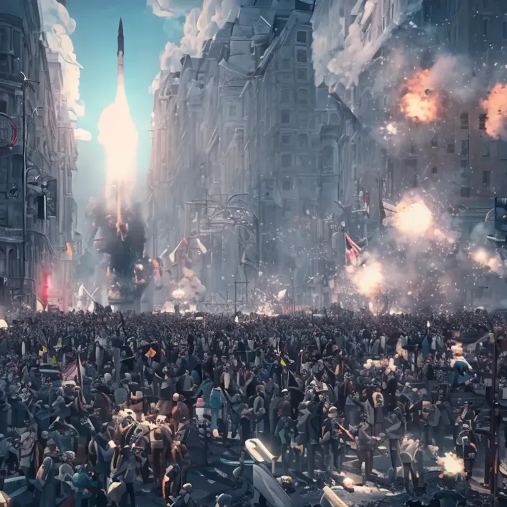 Prompt: crowd of working citizens protests while missles and bombs explode in the city, DSLR 35mm, by Edward Hopper and Dan Mumford and WLOP and Aleksandr Aleksandrovich Deyneka and Andrei Andreyevich Popov, Unreal Engine 5, Lumen, Nanite