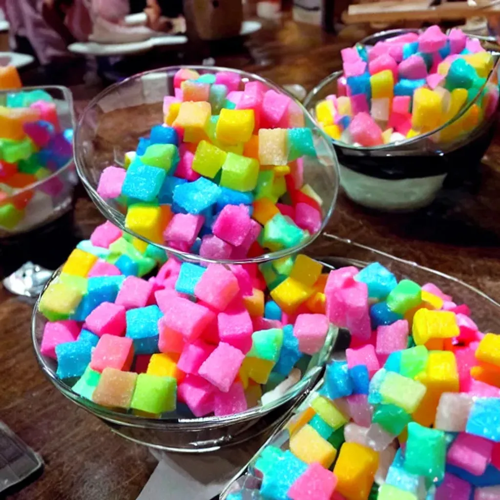 Prompt: sugar cubes lofi tokyo on colorful sweets in a cafe